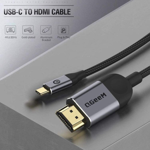 Câble QGeeM USB-C/Type-C vers HDMI 4K 30 Hz pour la duplication d'écran et l'affichage étendu, longueur du câble : 3 m SQ92031879-06